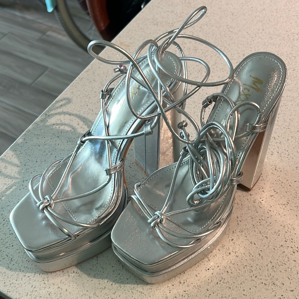 Silver platform block heels